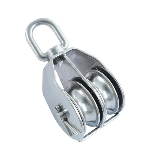 ROPE DOUBLE BLOCK WITH SWIVEL EYE, ROLL REMOVABLE - STAINLESS STEEL A2/BRASS